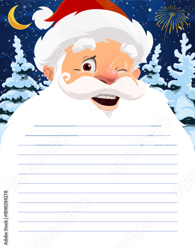 Christmas wishlist letter with Santa face and white beard for winter holiday, cartoon vector. Christmas wish list letter to Santa for gifts and presents on Santa beard with fireworks and snowy forest