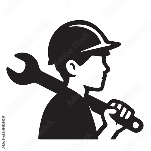 A simple vector icon shows a mechanic silhouette holding a wrench, symbolizing professional service, technical skill, and reliability through clean lines and a strong minimalist visual style.