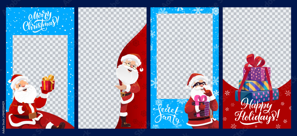 Naklejka premium Christmas photo frames and social media templates with funny Santa, cartoon vector. Christmas photo frames for winter holidays with secret Santa in a mask with gifts and snowflakes or snow in frames