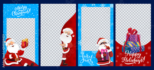 Christmas photo frames and social media templates with funny Santa, cartoon vector. Christmas photo frames for winter holidays with secret Santa in a mask with gifts and snowflakes or snow in frames