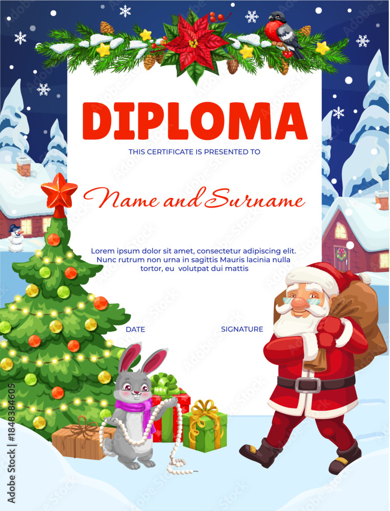 Obraz premium Christmas and New Year holidays kids vertical diploma certificate. Cute vector template featuring cartoon Santa with gift bag, bunny decorating tree, holly, poinsettia, and bullfinch for fun holidays