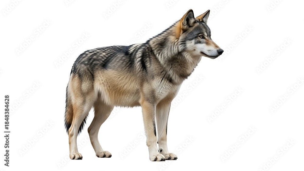Obraz premium Majestic Gray Wolf (Canis Lupus) Standing in Full Side Profile, Isolated on Pure White Background for Easy Cutout and Wildlife Design Projects.