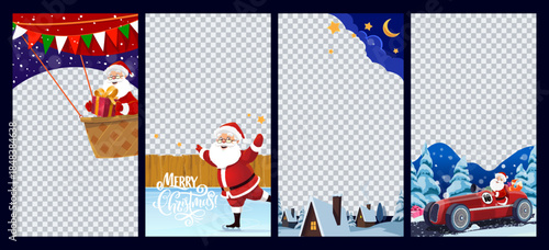 Christmas photo frames or social media vector templates with cartoon Santa characters. Merry Xmas holiday photo frames on transparent background with Christmas town, cute Santa Claus and gifts borders