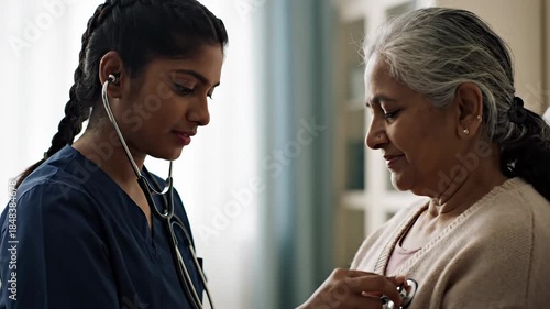 Nurse listens to elderly woman heartbeat.