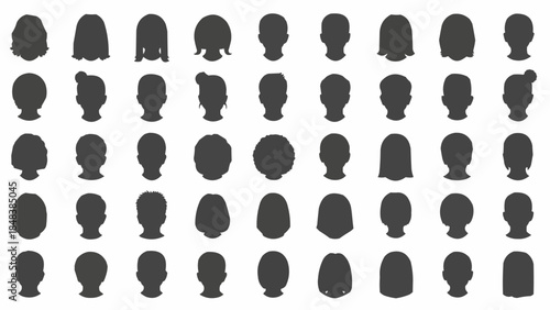 Collection of diverse human head silhouettes with various hairstyles.