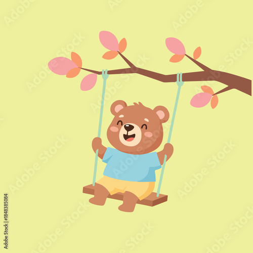 A cheerful cartoon bear in a blue shirt and yellow shorts joyfully swings from a branch adorned with pink blossoms against a soft yellow background.