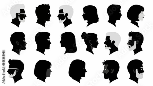 Diverse collection of human head silhouettes in profile view.