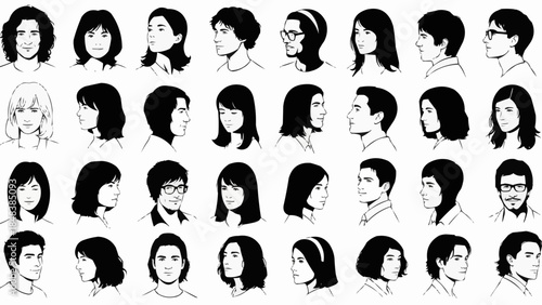 Collection of Diverse Human Head and Shoulder Portraits in Sketch Style.