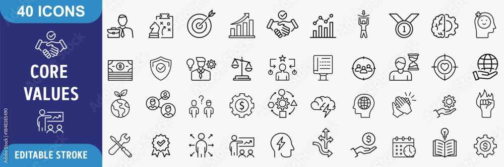 Fototapeta premium Core Values icon set in line style. Innovation, integrity, customers, accountability, teamwork, goals, motivation collection. Vector illustration.