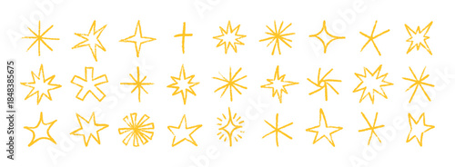 Gold Crayon Stars and Asterisk Line Icon Set. Vector Hand Drawn Chalk Starburst Forms in Kids Style. Pencil Doodle Cute Elements for Patterns, Stickers , Badges, Posters, Web Design.