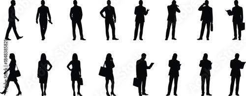 Business people silhouette set showing men and women professional poses walking standing working corporate lifestyle illustration