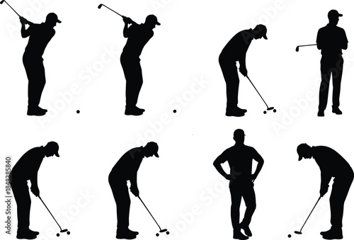Golfer silhouette action set showing swing putting stance golf sport movement training competition illustration collection