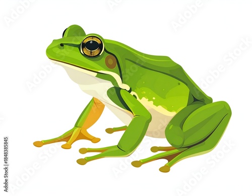 Green Frog Sitting on White Background.
