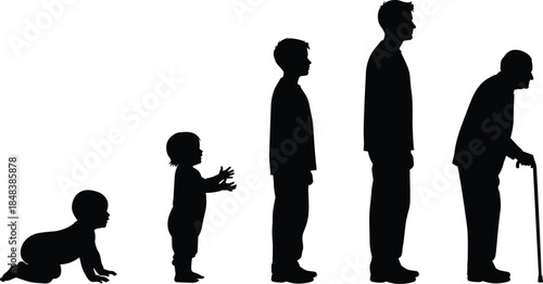 Human life stages silhouette sequence showing growth aging from baby child adult to senior elderly evolution concept illustration