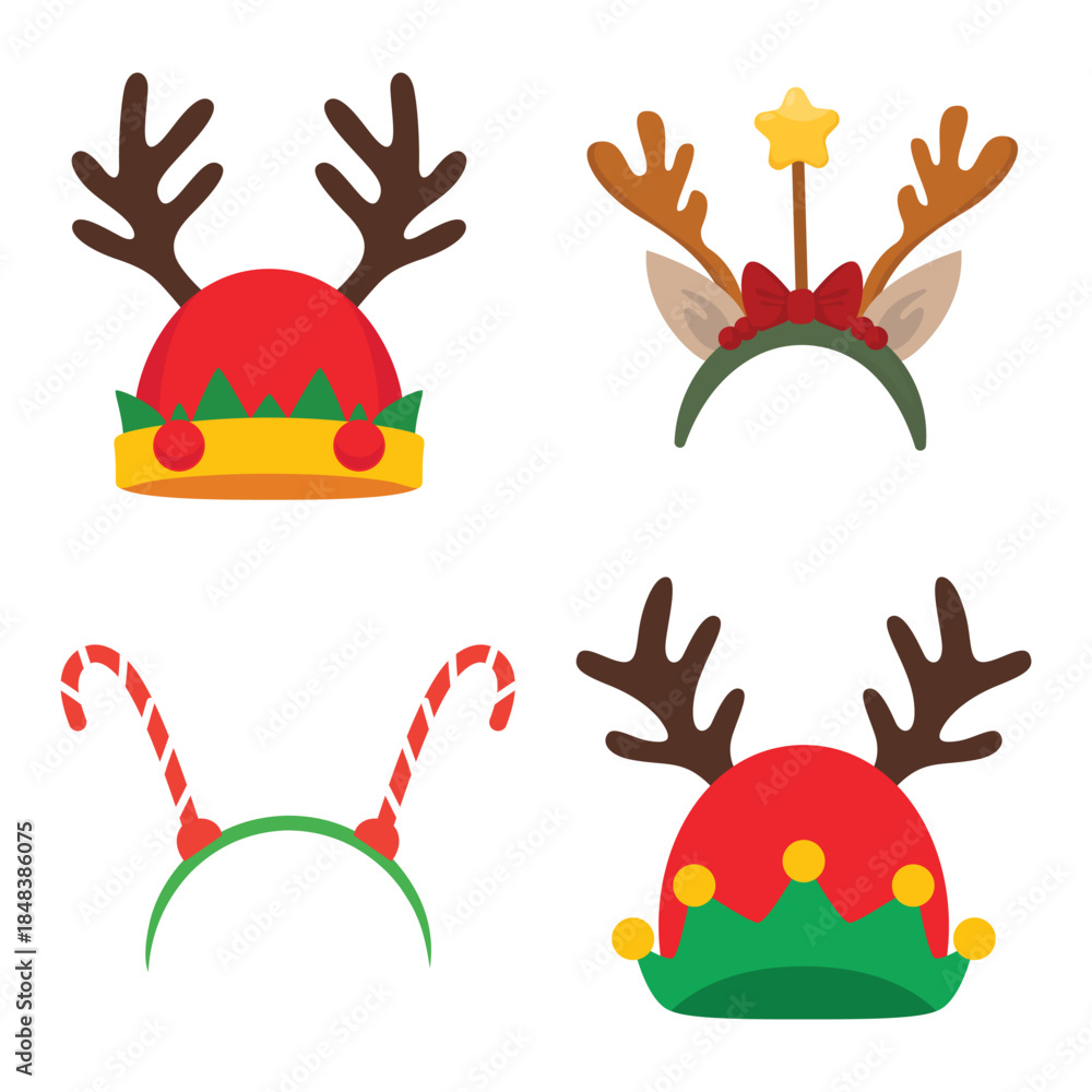 Fototapeta premium Christmas Costume Headband Set. Reindeer Antlers, Elf Hat and Candy Cane Hair Hoops. Cute Vector Props for Holiday Party.
