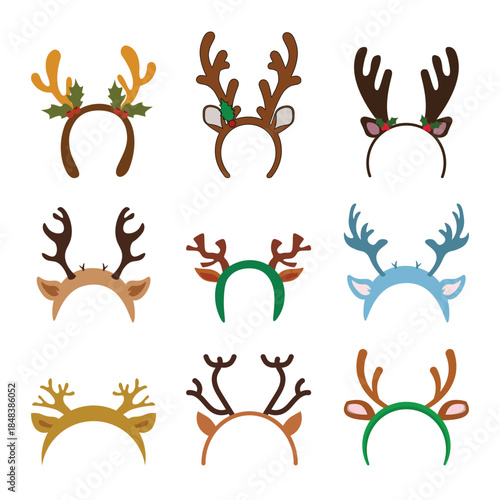 Christmas Headband Accessory Set. Reindeer Antlers, Santa Hat and Tree Hair Hoops. Party Costume Elements for Photo Booth Props.