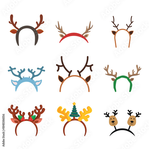 Christmas Reindeer Antler Headband Collection. Various Deer Horns with Ears and Holly Berries. Costume Vector Elements for Holiday Mask.