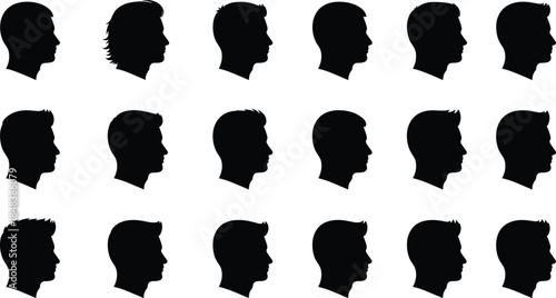 Male head profile silhouette collection showing different hairstyles face shapes avatars for identity character design illustration set