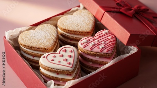 Heart-shaped cookies realistic illustration neatly stacked in red gift box