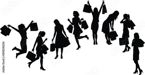 Women shopping silhouette collection showing fashion retail lifestyle consumer behavior sale excitement modern female poses with bags, elegance style trend