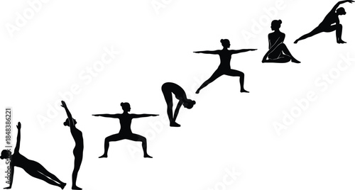 Yoga and fitness woman silhouettes performing dynamic poses isolated on white background representing flexibility balance wellness strength movement