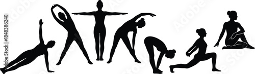 Yoga silhouette stretching poses collection showing fitness balance flexibility wellness exercise sequence for meditation pilates training routine, harmony strength posture