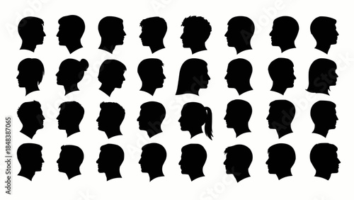 Collection of diverse human head silhouettes in profile view.