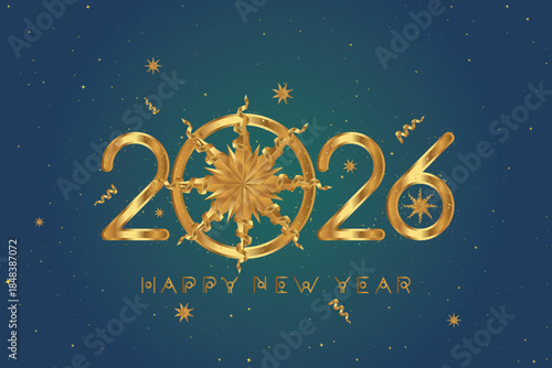 Happy New Year 2026 greeting card with golden numbers and decorative ribbon star on a blue background. Luxury festive design for holiday celebration and banner. Flat vector illustration EPS10.