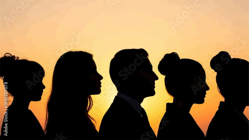 Diverse group of people silhouetted against a warm sunset sky.