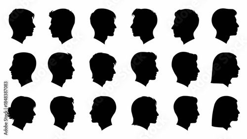 Collection of Diverse Human Head Silhouettes Facing Left.