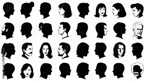 Collection of diverse human head silhouettes showcasing various hairstyles and facial profiles.