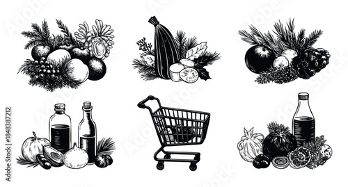 Monochrome set of food compositions with fresh produce and a shopping cart in an engraved style for grocery store flyers farmers market branding and holiday cooking themes.