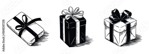 A set of hand drawn gift boxes with festive ribbons in a black and white engraving style for seasonal sales and special event invitations