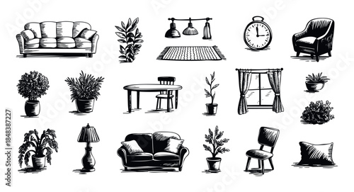 A set of hand sketched interior elements featuring vintage furniture like a sofa and chair plus home decor objects for creating cozy living room or apartment layouts
