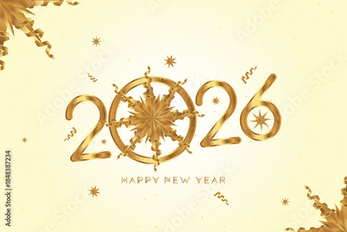 Luxury Happy New Year 2026 greeting card with golden numbers, confetti and snowflakes on a light background. Elegant festive design for Christmas and New Year celebration. Flat vector illustration.