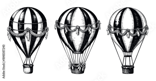 Collection of vintage style hot air balloons drawn in a detailed engraving technique perfect for historical or adventure themes
