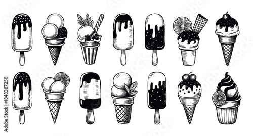 A hand drawn set of various ice cream treats including cones, popsicles, and sundaes in a vintage sketch style for dessert menus and summer food promotions.