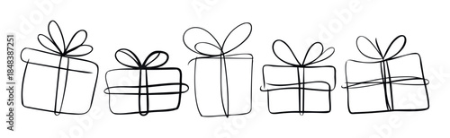 Set of hand sketched present boxes with bows in a simple one line drawing style, ideal for festive decorations, greeting cards, and holiday sales.
