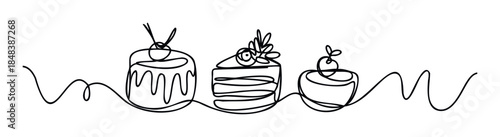Continuous single line drawing of sweet cakes and desserts, a minimalist composition for a bakery logo, cafe menu, or pastry shop branding.