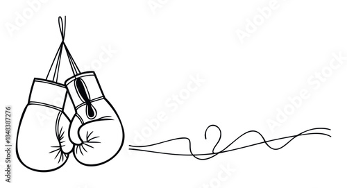 Minimalist one line drawing of hanging boxing gloves representing the spirit of competition and combat sports for use in fitness, gym, and athletic event promotions.