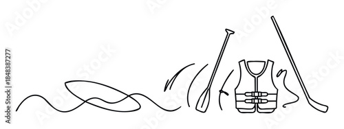 Minimalist continuous line drawing of sports equipment featuring a kayak, paddle, life vest, and hockey stick for an active outdoor lifestyle concept.