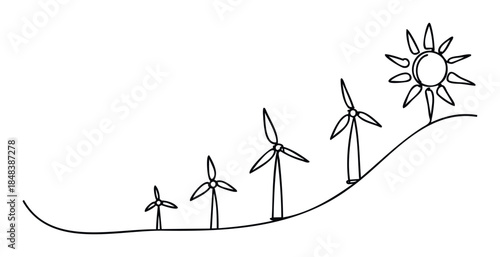 Minimalist hand drawn wind turbines on a landscape with a sun symbolizing the growth and progress of clean renewable energy for environmental presentations.
