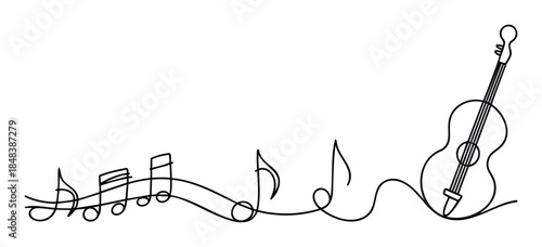 Minimalist continuous line drawing of an acoustic guitar with a flowing melody of musical notes perfect for music school branding or concert announcements.