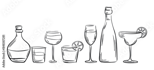 Handdrawn sketch of various alcoholic beverages in glasses and bottles perfect for a bar menu, party invitations, or restaurant promotions.