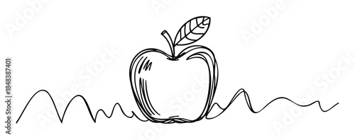 A sketchy hand drawn apple with a leaf depicted with a continuous single line, a minimalist symbol for healthy eating, organic food, and education.