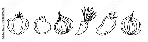 Simple black and white vegetable doodles of fresh produce like pepper, tomato, onion, and carrot, suitable for farm market materials or cooking guides.