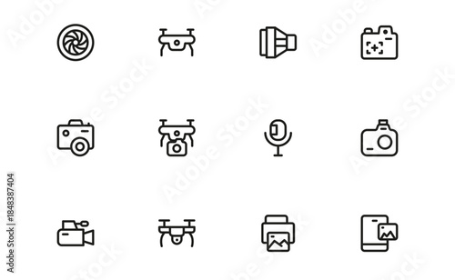 Photography and videography line icon set vector collection featuring cameras, tripods, lighting, editing tools, and multimedia equipment.