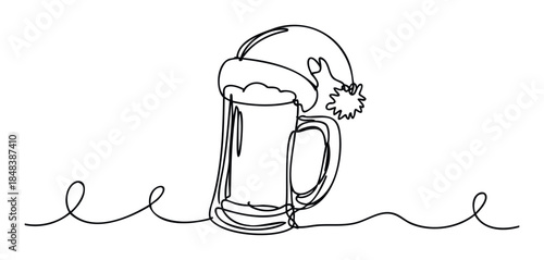 Festive beer mug wearing a Santa hat drawn with one single line for Christmas party invitations and holiday themed bar advertising materials.