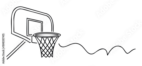 Continuous single line drawing of a basketball hoop and backboard with a dynamic wavy line for sports team branding and event promotions.