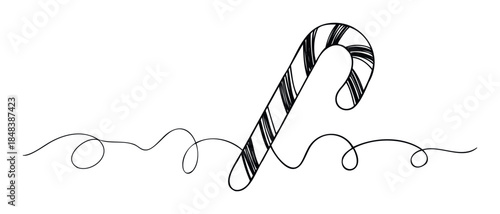 Minimalist one line drawing of a Christmas candy cane with scribbled stripes for festive winter holiday graphics and decorations.